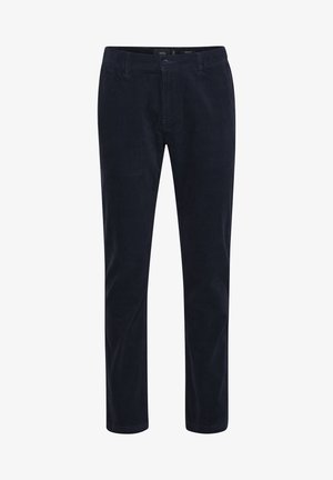 Pantaloni din corduroy bleumarin cu o croială dreaptă, prezentând două buzunare frontale, închidere cu buton și o textură subtilă pe întreaga țesătură.