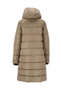 Beige puffjakke med hætte, prydet med quiltet mønster, elastiske manchetter og en glat, skinnende overflade. Mellemlang design.