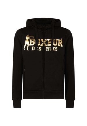 Schwarzer Zip-Hoodie mit strukturiertem Golddruck, der den Text "BOXEUR DES RUES" und die Silhouette eines Boxers zeigt. Gerippte Bündchen und Saum.