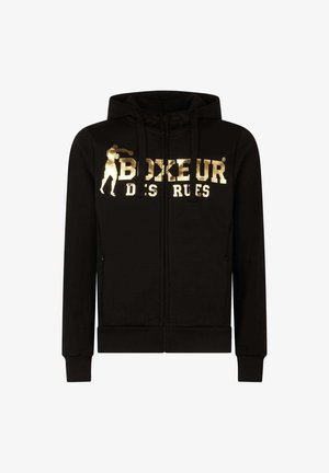 Schwarzer Zip-Hoodie mit strukturiertem Golddruck, der den Text "BOXEUR DES RUES" und die Silhouette eines Boxers zeigt. Gerippte Bündchen und Saum.