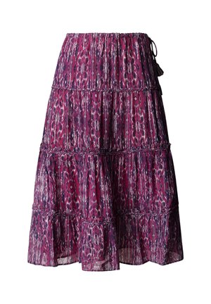 Jupe mi-longue à volants avec taille élastique, présentant un motif ikat vertical violet et rose ainsi que des coutures volantées.