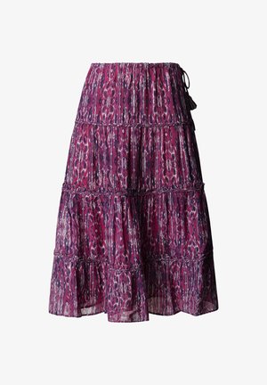 Midilange geplooide rok met elastische tailleband, voorzien van een paars en roze verticale ikat-print en gerimpelde naden.