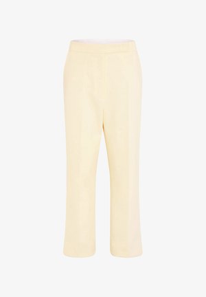 Pantalon couleur crème à jambes droites, taille haute et fermeture avant dissimulée, présenté sur fond blanc.
