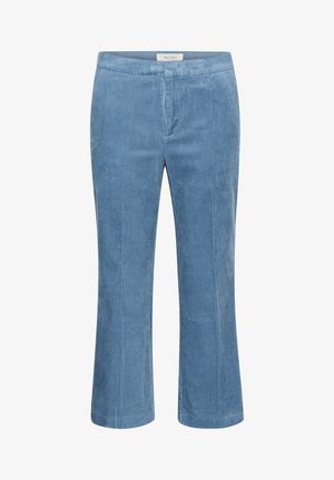 Light blue corduroy pants featuring a flared leg design, a textured ribbed surface, and a smooth waistband with no visible hardware.