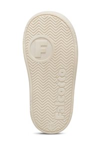 Sole di una scarpa per bambini con battistrada a zigzag, una grande "F" in un cerchio vicino al tallone, il marchio "Falcotto" e il numero di taglia 19 vicino alla punta.