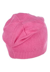 Pink knitted beanie with a folded ribbed cuff, featuring a unique twisted design at the crown and a smooth texture.