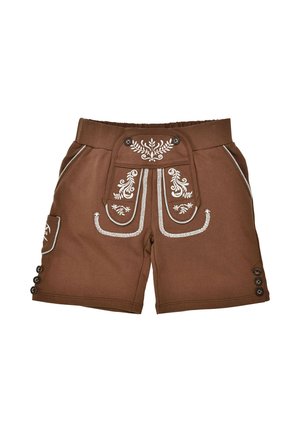 Brown traditional shorts with white floral embroidery, button details on sides, and a front flap with decorative stitching.