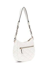 Borsa a tracolla in pelle bianca trapuntata con tasca frontale con cerniera, forma curva, tracolla con dettagli neri e accessori in tono oro.