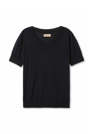 Schwarz, kurzärmliges V-Ausschnitt-T-Shirt aus weichem Stoff, mit einem taillierten Saum und dezenten gerippten Akzenten an den Ärmeln und am Ausschnitt.