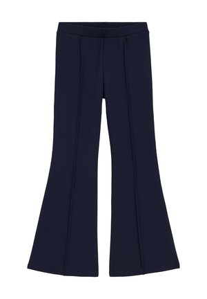 Mørkeblå højtaljede bukser med brede, flagrende ben og sømdetaljer foran, designet til en slank pasform omkring hofter og lår.