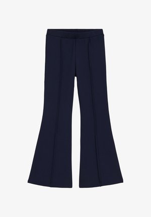 Tamnoplave hlače s visokim strukom, širokim zvonolikim nogavicama i detaljima prednjeg šava, dizajnirane za uski kroj kroz bokove i bedra.