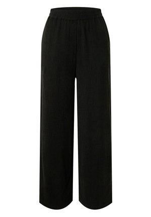 Pantalons larges noirs avec une taille élastique et un tissu lisse, légèrement texturé.