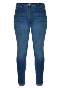 Jeans skinny de tiro alto en azul, con botón y cremallera en la parte frontal, estilo clásico de cinco bolsillos y detalles sutiles de desgastado en los muslos y las rodillas.