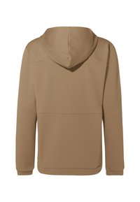Brauner Kapuzenpullover aus weichem Stoff, mit glatter Textur, langen Ärmeln und einem Rückentaschen-Detail.