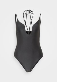 Costum de baie negru, dintr-o singură piesă, cu decolteu adânc în formă de V și bretele subțiri, ajustabile. Textură netedă și design minimalist. Potrivit pentru activități acvatice.