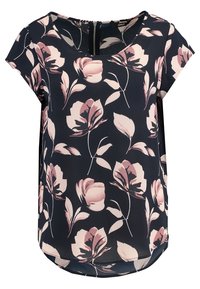 Blusa floreale con uno sfondo blu navy e fiori rosa e crema chiaro, collo rotondo, maniche corte e orlo leggermente curvo.