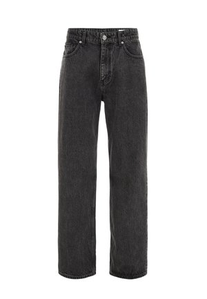 Zwarte denim jeans met rechte pijpen, hoge tailleband, tonale stiksels en een ontwerp met vijf zakken. Voorzien van een sluiting met één knoop.