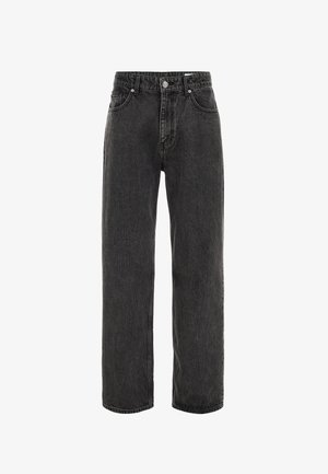 Čierne džínsové nohavice s rovnou strihovou nohavicou, vysokým pásom, tónovaným prešívaním a dizajnom s piatimi vreckami. Majú zapínanie na jeden gombík.