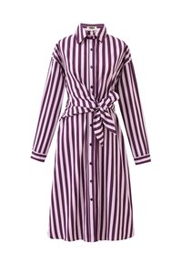 Lila und hellrosa gestreiftes Hemdkleid mit langen Ärmeln, Knöpfen vorne, Kragen und Taillenschleife.