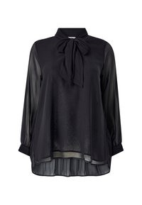 Blouse noire transparente à manches longues avec col lavallière plissé et poignets plissés assortis, ourlet arrière légèrement plus long.