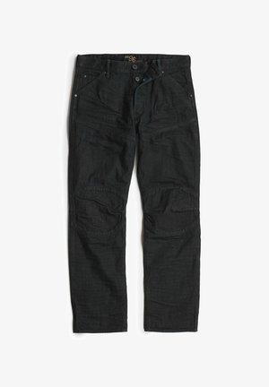 Schwarze Denim-Hosen mit geradem Bein, ausgestattet mit mehreren Taschen, Knopfverschluss und strukturiertem Stoff mit verstärkten Knieflicken.