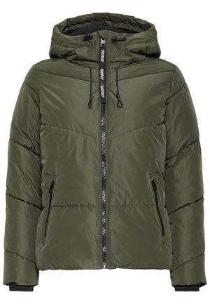 Olivengrøn dunjakke med hætte, lynlåslukning, sidelommer og elastiske manchetter. Har quiltet tekstur og justering med snor.