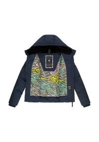 Marineblauwe pufferjack met capuchon; rits aan de voorkant; binnenkant heeft een abstract, kleurrijk patroon in pastelkleuren en grijs. Zachte textuur.