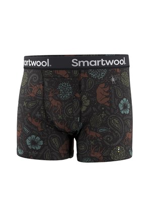 Boxer briefs neri da uomo con motivi floreali e animali colorati, inclusi orsi e alci, e una fascia in vita nera con il logo Smartwool.