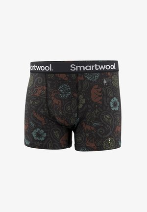 Men's black boxer briefs with colorful floral and animal patterns, including bears and moose, and a black Smartwool logo waistband.