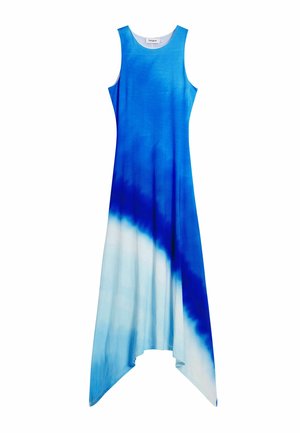 Mouwloze, enkellange jurk met een dip-dye effect in tinten blauw en wit. Zacht, vloeiend materiaal met een asymmetrische zoom.
