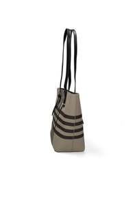 Borsa tote beige con strisce orizzontali nere, realizzata in materiale testurizzato. Presenta due manici neri e leggere finiture in oro.