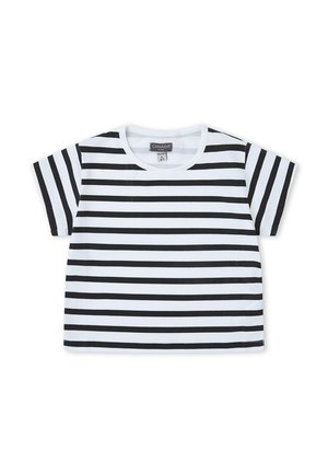 Camiseta blanca de manga corta con rayas horizontales negras uniformemente espaciadas y cuello redondo, colocada plana sobre un fondo blanco.