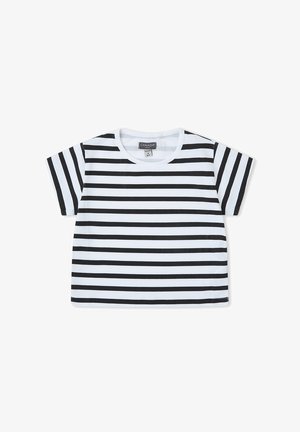 Camiseta blanca de manga corta con rayas horizontales negras uniformemente espaciadas y cuello redondo, colocada plana sobre un fondo blanco.