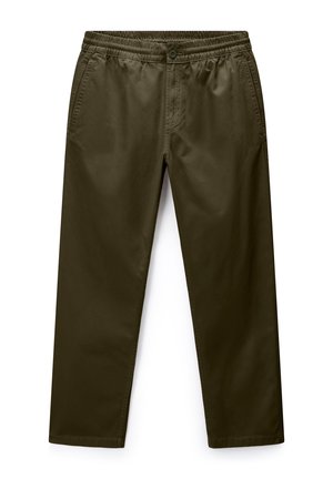 Pantalon décontracté vert olive foncé avec taille élastique, fermeture par bouton, poches latérales et jambes droites.