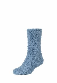 Calzini pelosi di colore azzurro chiaro realizzati in materiale morbido e testurizzato, con un alto risvolto e una punta arrotondata. Adatti per uso interno.