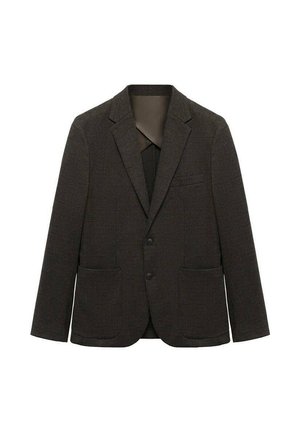 Donkerbruin geruit herenblazer met notch-lapels, twee voorzakken, borstzak en sluiting met twee knopen.