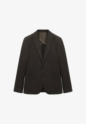 Temno rjava karirasta moška blazer jakna z rahlimi reverji, dvema sprednjima žepoma, žepom na prsih in zaklepanjem s tveganjem na dva gumb.