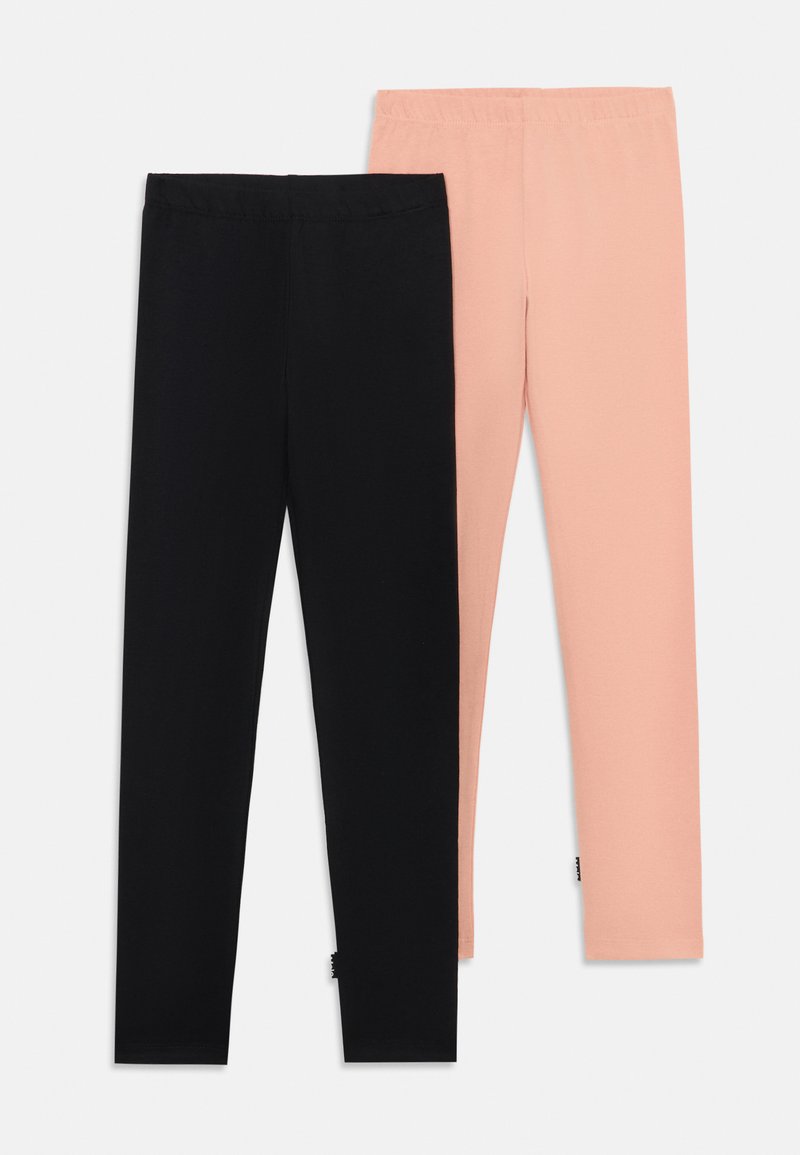 Two pairs of leggings: one black, one peach. Both have a soft fabric, elastic waistband, and slim fit design.