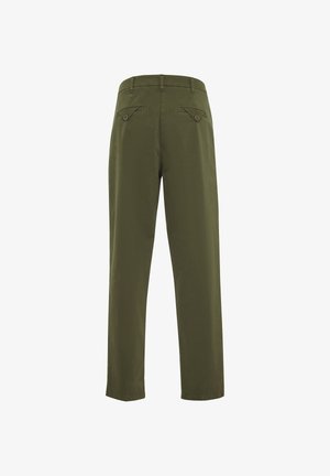 Olive green trousers with a relaxed fit, belt loops, and two back pockets with angled flaps and buttons. Smooth fabric texture.