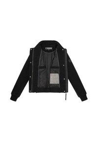 Veste noire zippée ouverte pour montrer la doublure intérieure lisse, deux poches internes et une étiquette d'entretien en bas à droite.