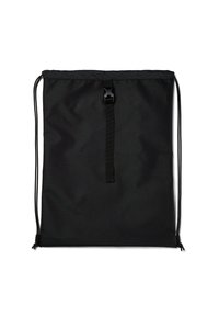 Black drawstring backpack made from durable fabric, featuring a smooth texture, a central buckle closure, and contrasting drawstrings.