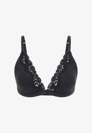Čierny bralette vyrobený z hladkého materiálu s čipkovaným lemovaním okolo výstrihu. Obsahuje nastaviteľné ramienka a pás s detailom loga.