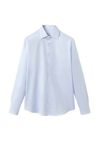 Svetlo modra srajca z dolgimi rokavi, spredaj z gumbi, ovratnik, gladka tekstura, standarden kroj, nežno strukturiran dizajn, brez vidnih vzorcev ali poudarkov.