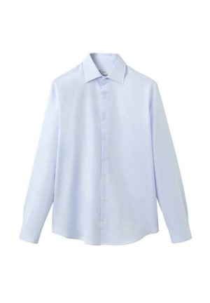 Lyseblå langærmet skjorte, knaplukning foran, krave, glat tekstur, standard pasform, subtilt struktureret design, uden synlige mønstre eller accenter.
