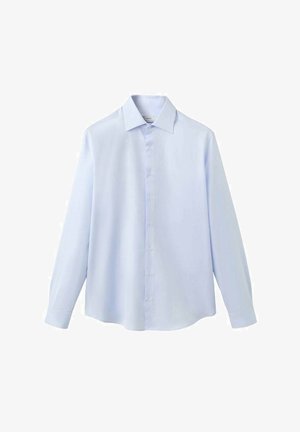 Lyseblå langærmet skjorte, knaplukning foran, krave, glat tekstur, standard pasform, subtilt struktureret design, uden synlige mønstre eller accenter.