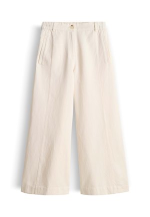Wide-leg cream pants with high waist, button closure, front pleats, and side pockets, displayed on a white background.