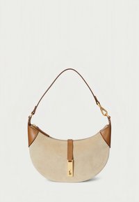 Beige suede handbag with a curved shape, brown leather accents, a top handle, and a gold-tone hardware clasp detail in the center.