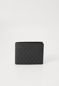 Portofel negru cu un model repetitiv într-un negru ușor mai deschis. Fabricat dintr-un material textil neted, având un design pliabil.