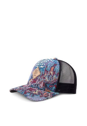 Baseball cap with colorful abstract pattern on front panels and black mesh back, featuring two small brown logo patches.