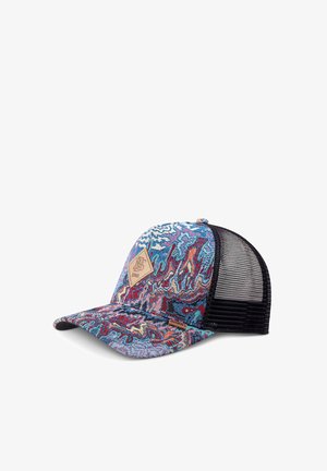 Baseball cap with colorful abstract pattern on front panels and black mesh back, featuring two small brown logo patches.